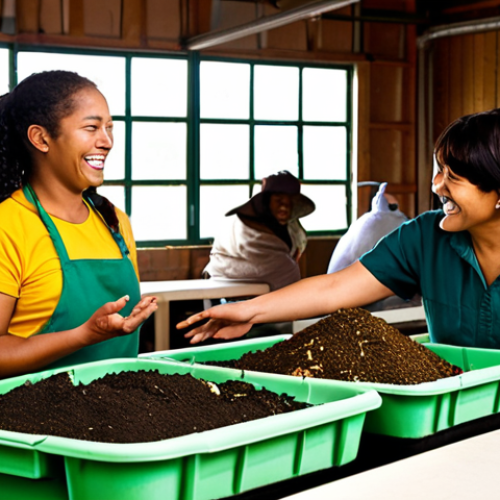 Home 16 **Prompt:** A vibrant, bustling cooperative vermicomposting hub where diverse community members - a cafe owner, a gardener, a school representative, and a small business owner - are actively contributing their organic waste. They are smiling, interacting, and engaged in a clean, organized facility, with visible bins ready for processing. The scene conveys a strong sense of shared purpose, collaboration, and local environmental stewardship, with warm, inviting lighting.