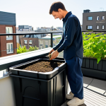 A person, full body shot, wearing a modest long-sleeved shirt and sturdy trousers, gently observing a multi-tray worm composting bin on a clean, sunny urban balcony. The worm bin is well-maintained, surrounded by thriving potted herbs and small container vegetables. Natural daylight, soft focus on the sustainable activity. Professional photography, high quality, perfect anatomy, correct proportions, well-formed hands, proper finger count, natural body proportions, natural pose, safe for work, appropriate content, fully clothed, modest clothing, family-friendly.