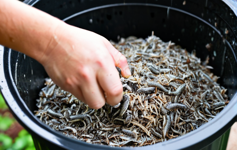 Close-up of the "Wring-Out Sponge" Test**
A hand squeezing a handful of damp, shredded newspaper over a worm bin. A few drops of water are visible. The background shows a well-maintained worm bin with healthy-looking worms. Focus on texture and detail. Safe for work, appropriate content, fully clothed (the person's hand), professional quality, perfect anatomy, natural proportions, high resolution. The lighting is soft and natural. Modest demonstration.
**