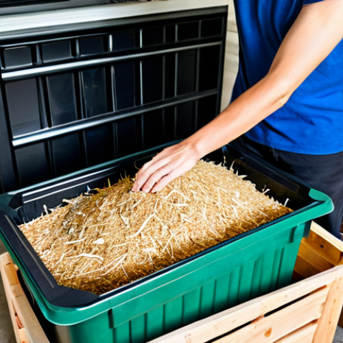 Home 17 버미컴포스팅을 통한 폐기물 관리 - Setting up a Vermicomposting Bin**
"A person setting up a vermicomposting bin in their garage. The ...
