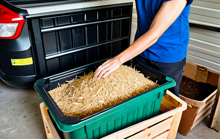 버미컴포스팅을 통한 폐기물 관리 - Setting up a Vermicomposting Bin**
"A person setting up a vermicomposting bin in their garage. The ...