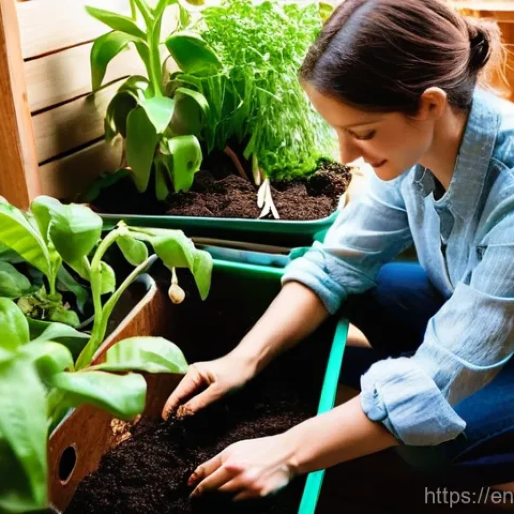 버미컴포스팅 시스템 구축하기 - **Prompt:** A serene and engaging scene of a person (adult, wearing casual gardening clothes like a ...
