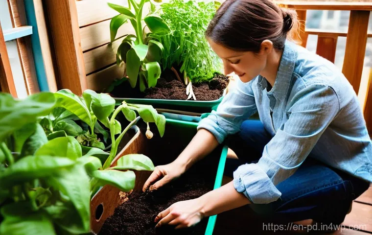 버미컴포스팅 시스템 구축하기 - **Prompt:** A serene and engaging scene of a person (adult, wearing casual gardening clothes like a ...