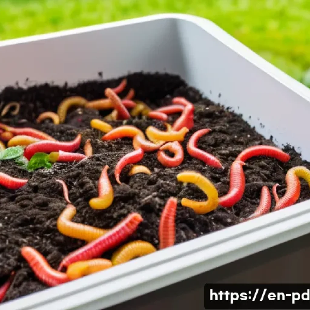 버미컴포스팅의 과거와 현재 - A detailed close-up of a vermicomposting bin interior showing vibrant red wiggler worms actively pro...