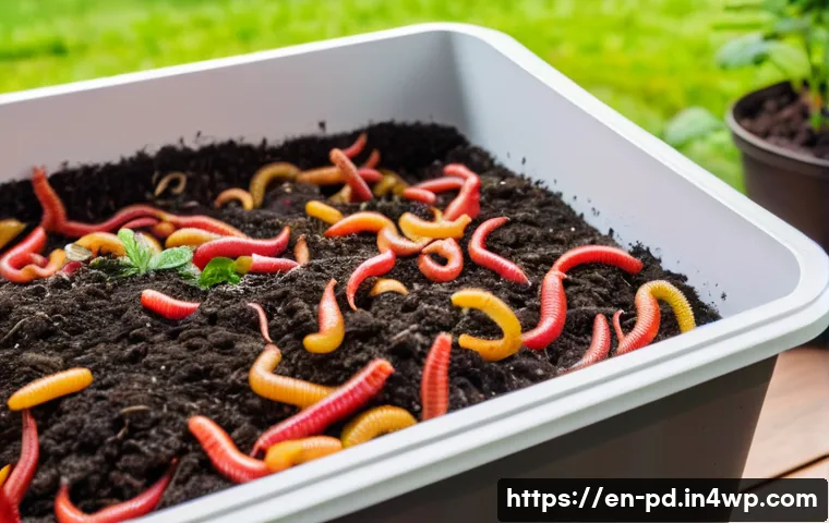 버미컴포스팅의 과거와 현재 - A detailed close-up of a vermicomposting bin interior showing vibrant red wiggler worms actively pro...