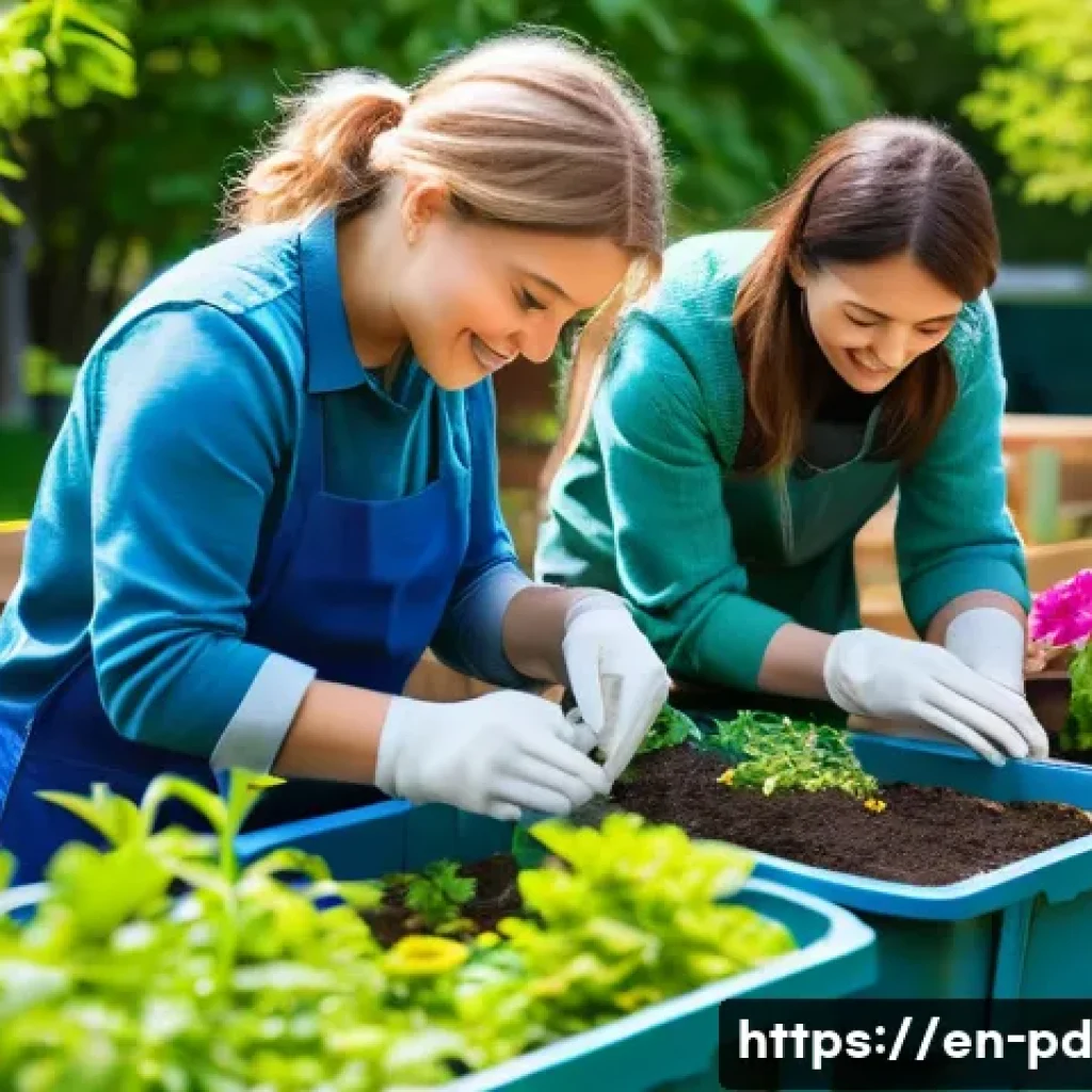 버미컴포스팅을 위한 자원봉사 참여 방법 - A vibrant community garden scene in a sunny urban park, volunteers of diverse backgrounds wearing ca...