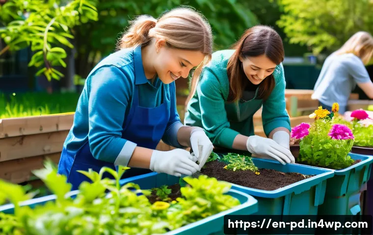 버미컴포스팅을 위한 자원봉사 참여 방법 - A vibrant community garden scene in a sunny urban park, volunteers of diverse backgrounds wearing ca...