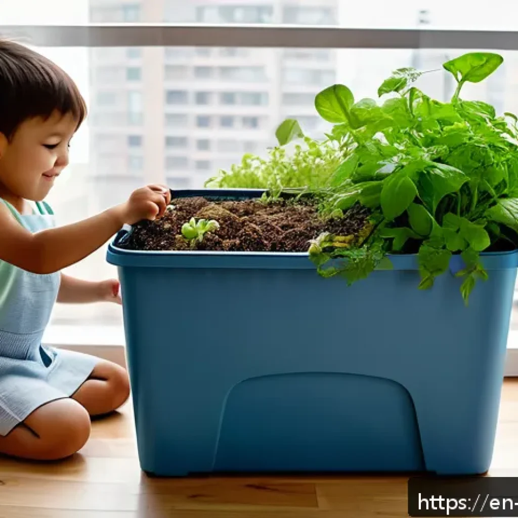 버미컴포스팅의 사회적 책임 - A vibrant indoor vermicomposting setup in a modern urban apartment balcony, featuring a medium-sized...