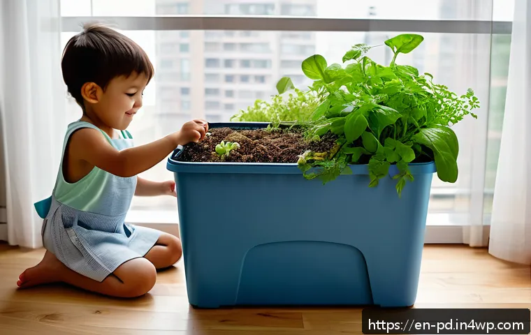 버미컴포스팅의 사회적 책임 - A vibrant indoor vermicomposting setup in a modern urban apartment balcony, featuring a medium-sized...