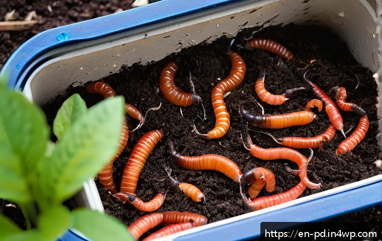 초보자를 위한 버미컴포스팅 가이드 - A close-up, highly detailed image of red wiggler worms (Eisenia fetida) actively burrowing through m...