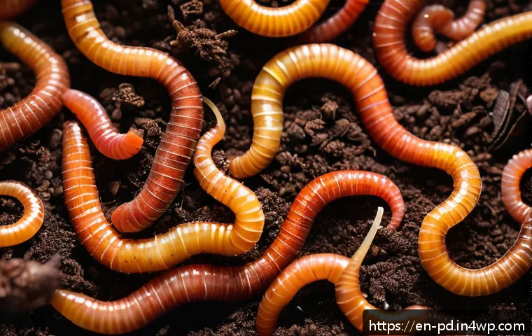 버미컴포스팅의 향후 전망 - A close-up, highly detailed scene of red wiggler earthworms actively composting in a well-maintained...