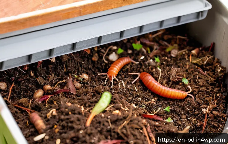 버미컴포스팅과 환경 교육의 중요성 - A detailed, close-up view of a red wiggler worm compost bin in a home setting, featuring moist shred...