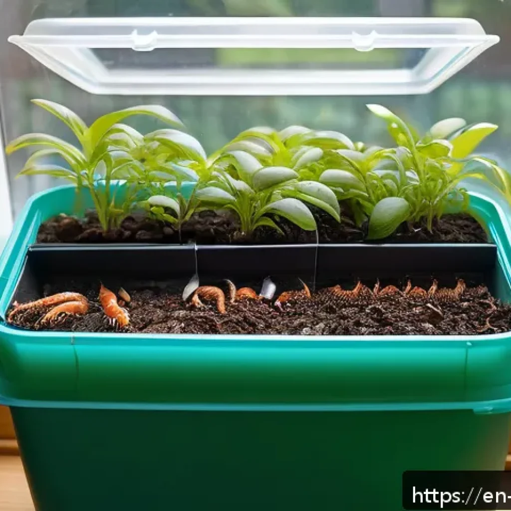 버미컴포스팅을 위한 퇴비 제조 단계 - A detailed cross-section view of a modern worm bin setup indoors, showing a spacious plastic contain...