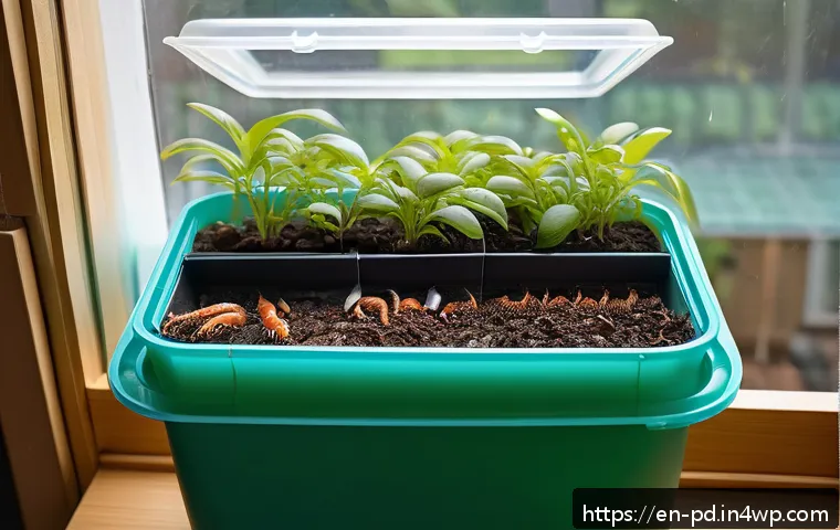 버미컴포스팅을 위한 퇴비 제조 단계 - A detailed cross-section view of a modern worm bin setup indoors, showing a spacious plastic contain...