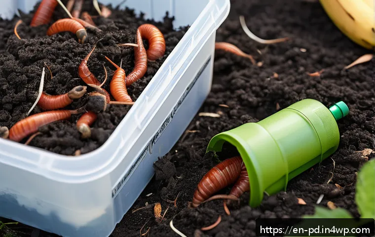 효율적인 버미컴포스팅 운영 전략 - A detailed close-up of a well-maintained indoor worm compost bin made from a sturdy plastic containe...