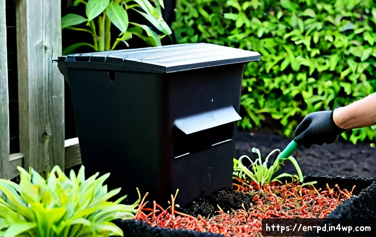 Home 17 버미컴포스팅 과정에서 발생하는 악취 관리 - Photorealistic backyard vermicomposting station with a sealed black compost bin, a small charcoal od...