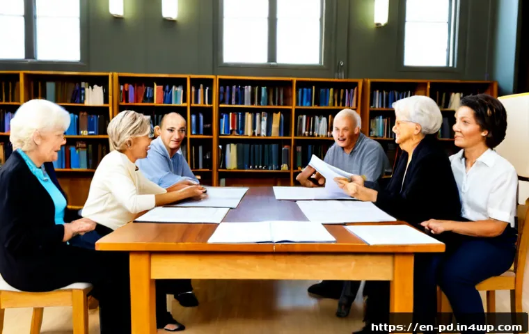 버미컴포스팅을 위한 정책 제안 - Photorealistic community policy meeting in a bright American public library, diverse adults includin...